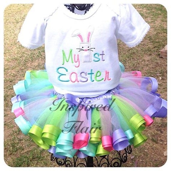 Easter Tutu Outfit My First 1st Easter Newborn Infant Baby Girl Embroidered Set includes Pastel Tutu Skirt and Personalized Bunny Ears Shirt