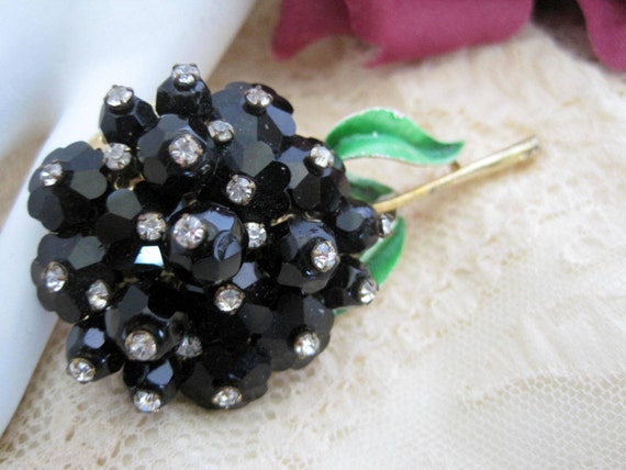 Black Crystal Brooch - Rose Montee Stones - Long Stem Pin
