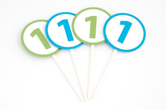 Boy 1st Birthday Cupcake Toppers - Green and Blue -Set of 12 Il_570xn