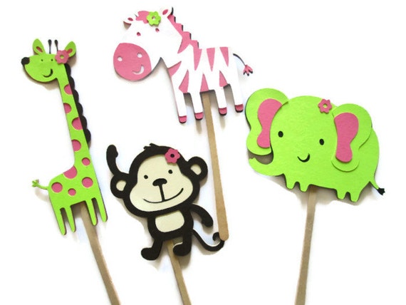 Set of 12 Pink and Lime Girl Jungle Animals - Jungle Jill, It's a Girl, Jungle Themed shower, Baby Showers Il_570xn