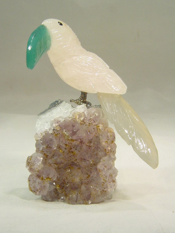 Carved Rose Quartz Toucan Bird Green Quartz Beak on Crystal