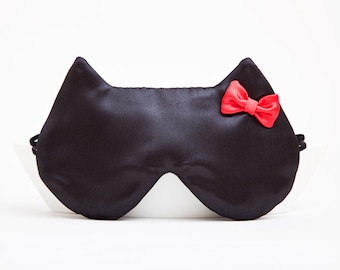 Satin Sleep Mask Luxury Black Sleep Mask Cat Red Bow Sexy Gift Ideas Black Cat Mask Vacation Accessories Bachelorette Party Favors
