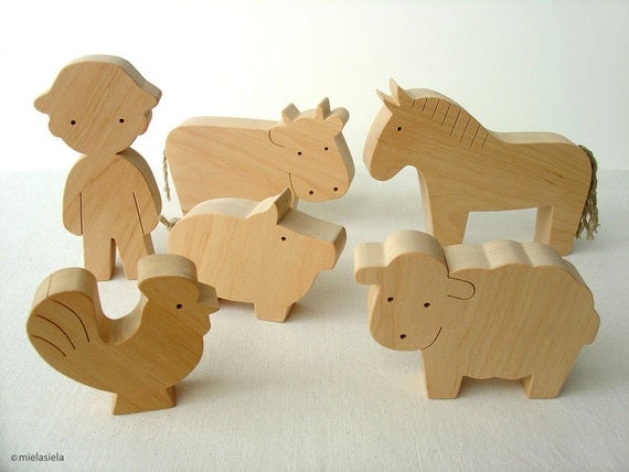 Farm Animal Set - Waldorf wooden toys - Farm animals and boy - Toy farm animals set