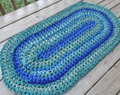 Shining Sea Crochet Rag Rug, Oval Cotton Washable Soft Handmade Bathmat, Kitchen, Porch, Country Log Cabin, Prim, Homespun Blue Green