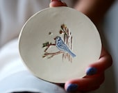 Ceramic Jewelry Dish White  Little Blue Bird Dish Colorful Home Decor Pottery Plate Recycled Box