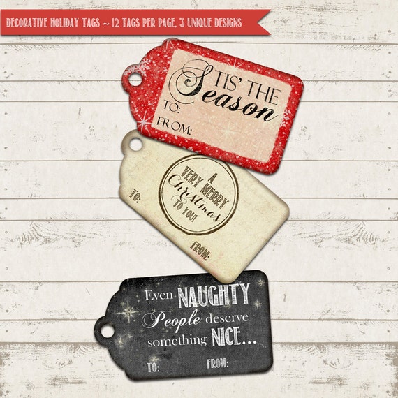 Christmas Gift Tags- Chalkboard, Vintage- Shabby Chic, Distressed, Naughty or Nice, Holidays - Printable Design - Instant Download Il_570xn
