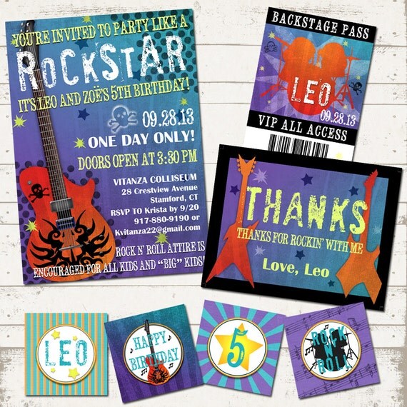 Rockstar Birthday Party Suite- Party Like a Rockstar - Rock N Roll, Guitars, Drums, Music, Skulls - Custom, Digital, Printable designs Il_570xn