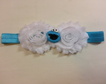 White Shabby Chic Flowers on a Blue Headband with Cookie Monster Embellishment