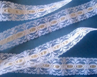 Beading Lace Trim with Ribbon, White / Peach, 1 1/2" inch wide, 1 Yard For Reborn, Dolls, Accessories, Home Decor, Apparel