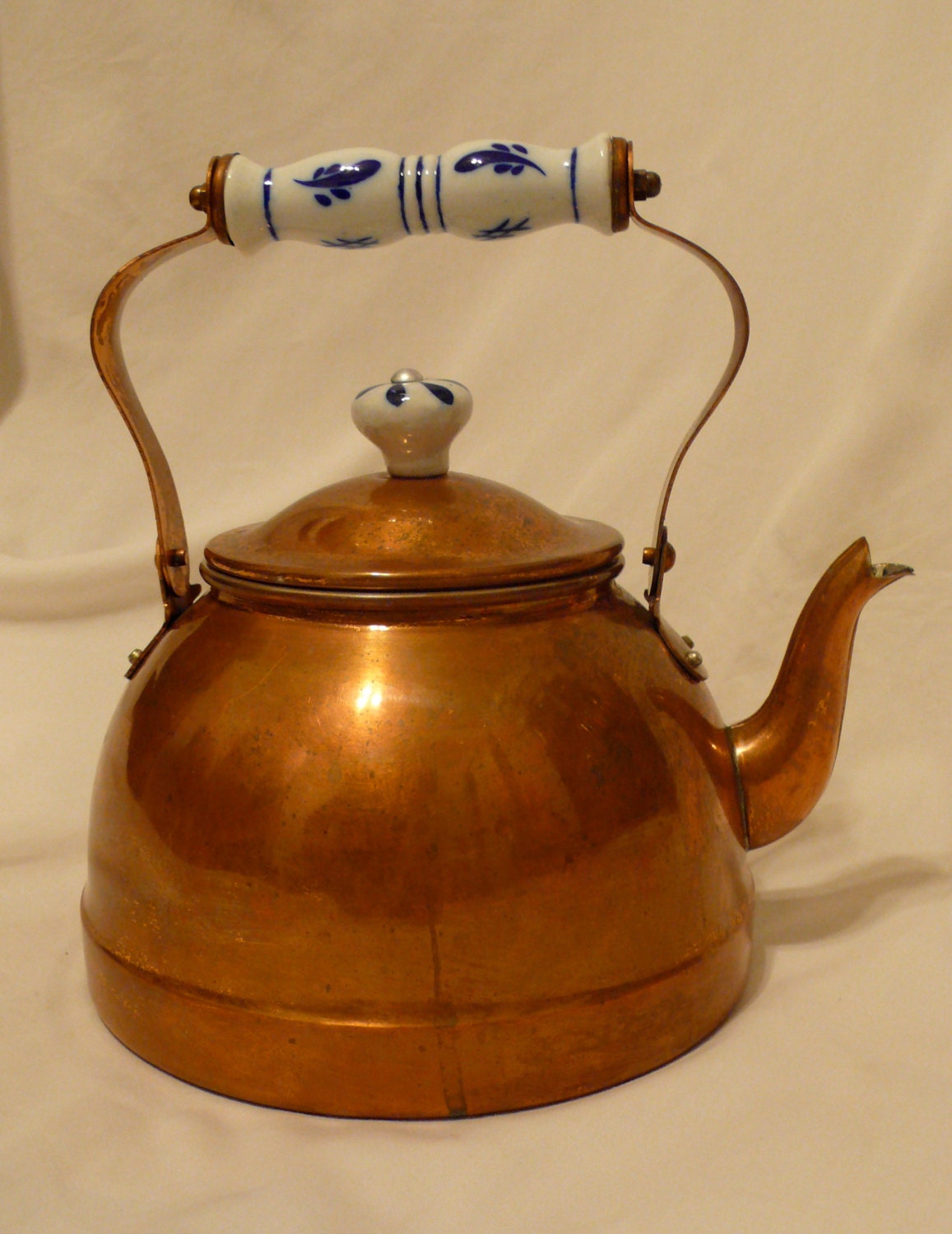 Vintage Copper Teapot With Porcelain Ceramic Handle Grip Tea