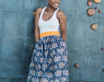 Black and Orange African Wax Print With Contrast Hi-waist Maxi Skirt