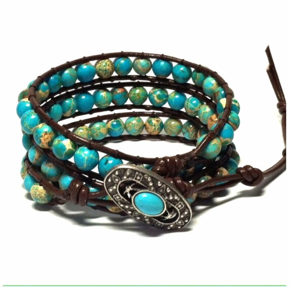 Leather Wrap Bracelet Turquoise semiprecious by fabflamingowraps