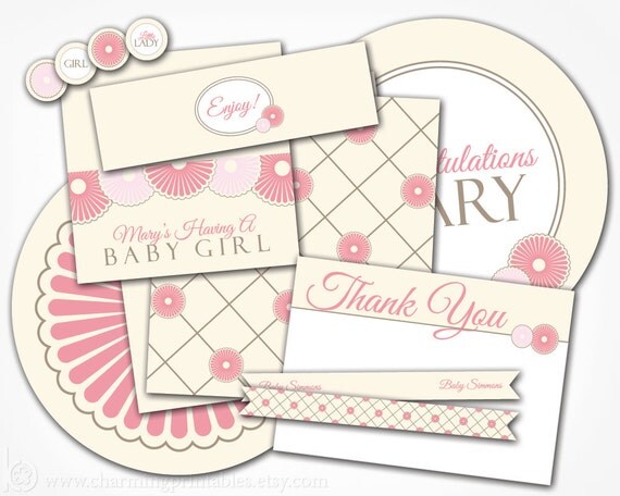Baby Shower Package - Baby Girl - PRINTABLE Shower Set (Labels, Tags, Wrappers, Thank You, Flags) - Vintage Baby Shower Il_570xn