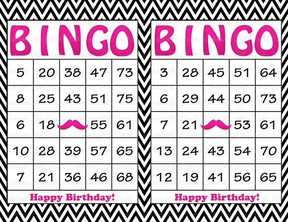 30 Hot Pink Black White Mustache Birthday Printable Bingo