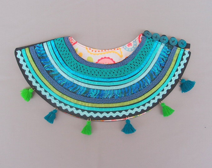 Ethnic Necklace with green and blue tassels, Sea Textile Necklace, Unique necklace for women, Gift for her, Boho Necklace, Tribal Necklace