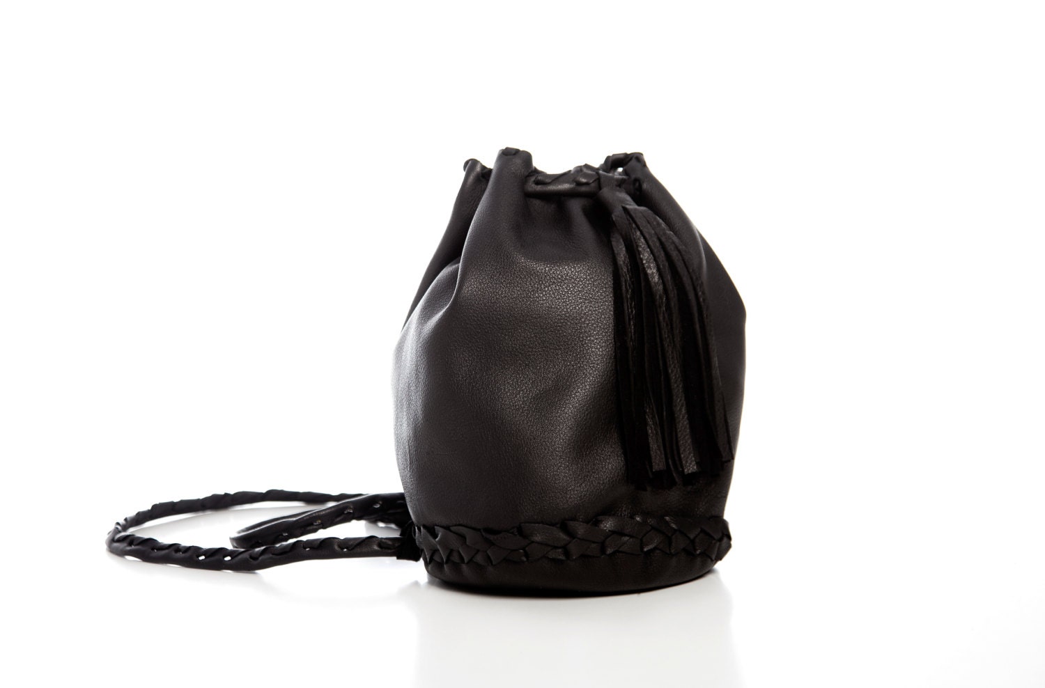 Black Leather Bag Bucket Purse with Long Tassel by EleannaKatsira