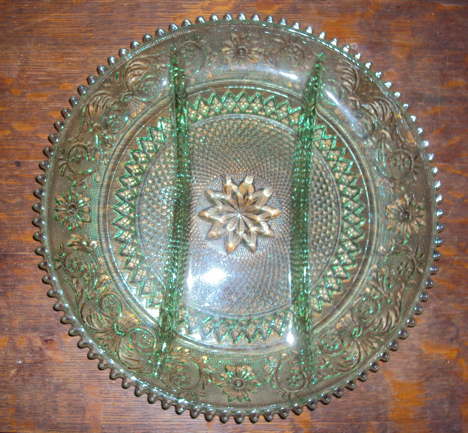 Vintage Light Green Colored Pressed Glass Round Tray with
