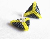 Beaded Triangle Earrings, Triangle Stud Earrings, Yellow and Grey Earstuds, Geometric Post Earings, Small Beadwoven Earings - Etsy UK Seller