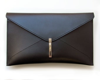 Leather envelope clutch bag, Handmade black clutch for women