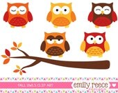 50% OFF - Owl Fall Autumn Tree Branch Woodland Cute Clip Art - Commercial Use - Scrapbooking Invitations Cards - Instant Download Il_170x135