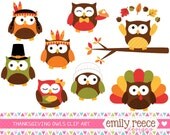 50% OFF - Owls Thanksgiving Pilgrim Native American Cute Clip Art - Commercial Use - Scrapbooking Invitations Cards - Instant Download Il_170x135