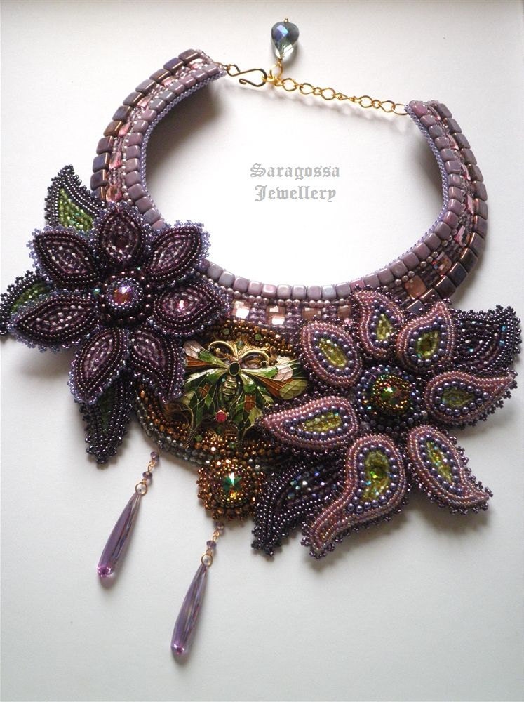 Nymph Bead embroidered necklace with purple flowers and