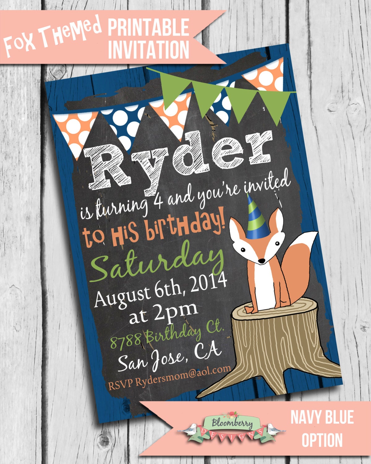 Fox Birthday Party Invitation Fox Party by BloomberryDesigns