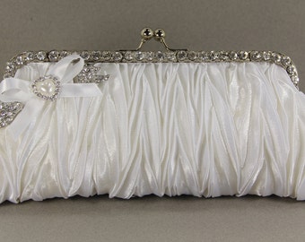 White Satin Bridal Clutch with Swarovski Crystal Brooch and a Lovely Pearl Handle That Can Also Be Worn As A Necklace