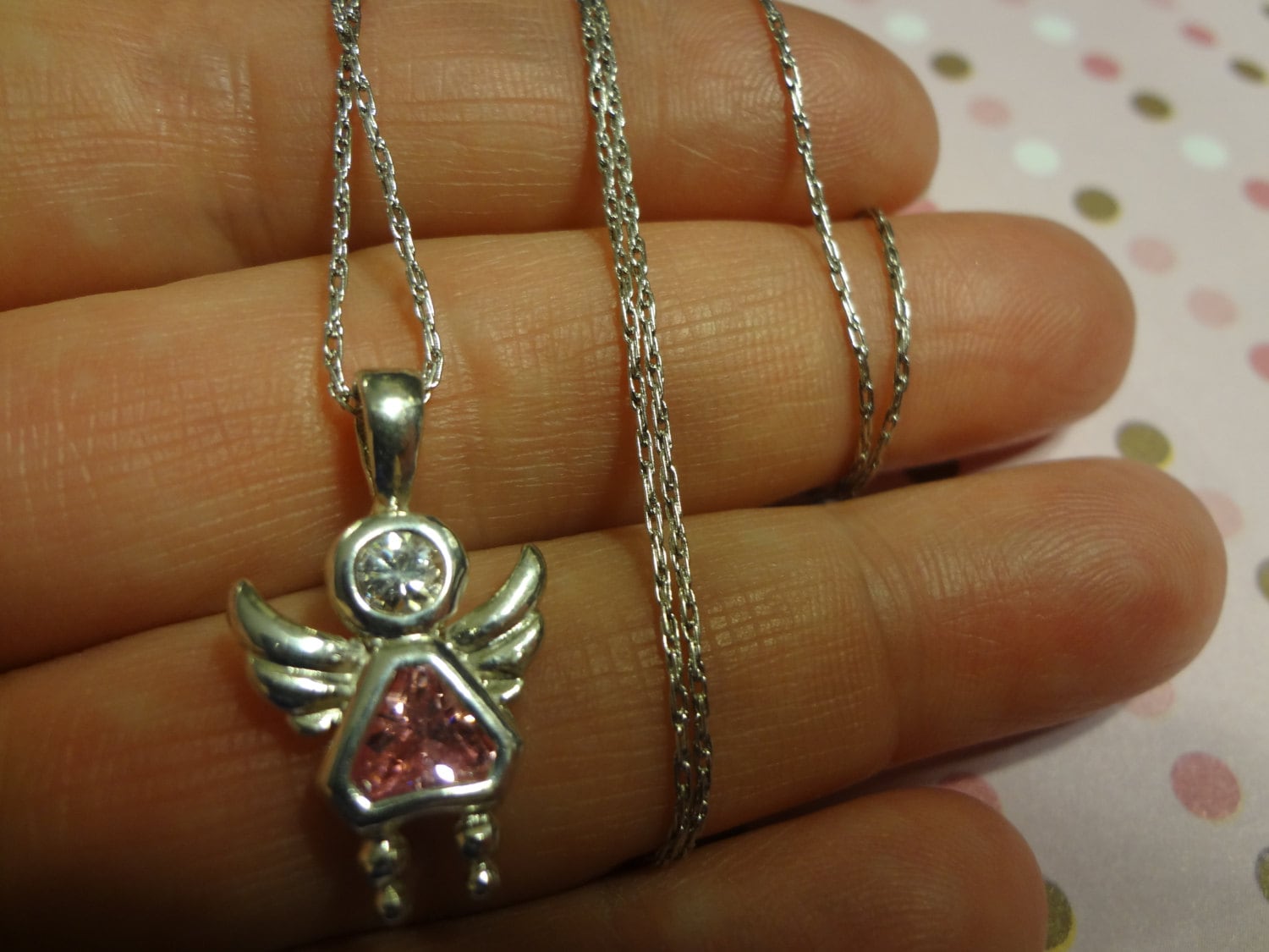 Silver Necklace & Pendant Pink Baby Girl Angel Sterling 925 In