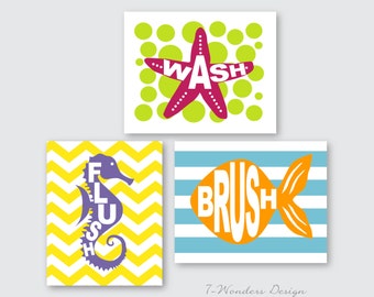 Kids Bathroom Art Prints for Girls / Boys - Wash, Brush, Flush Set of (3) 5 x 7's OR 8 x 10's // Childrens Kids Bathroom