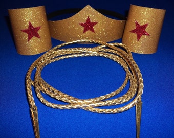 Wonder Woman Costume Accessories Set Tiara headband, Cuffs, and Golden Lasso