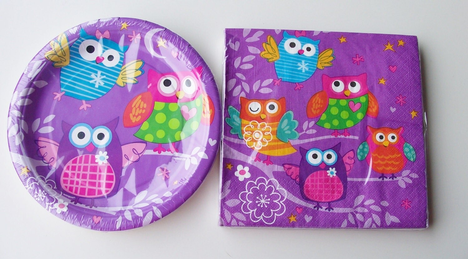 Set of owl themed paper plates and napkins birthday party