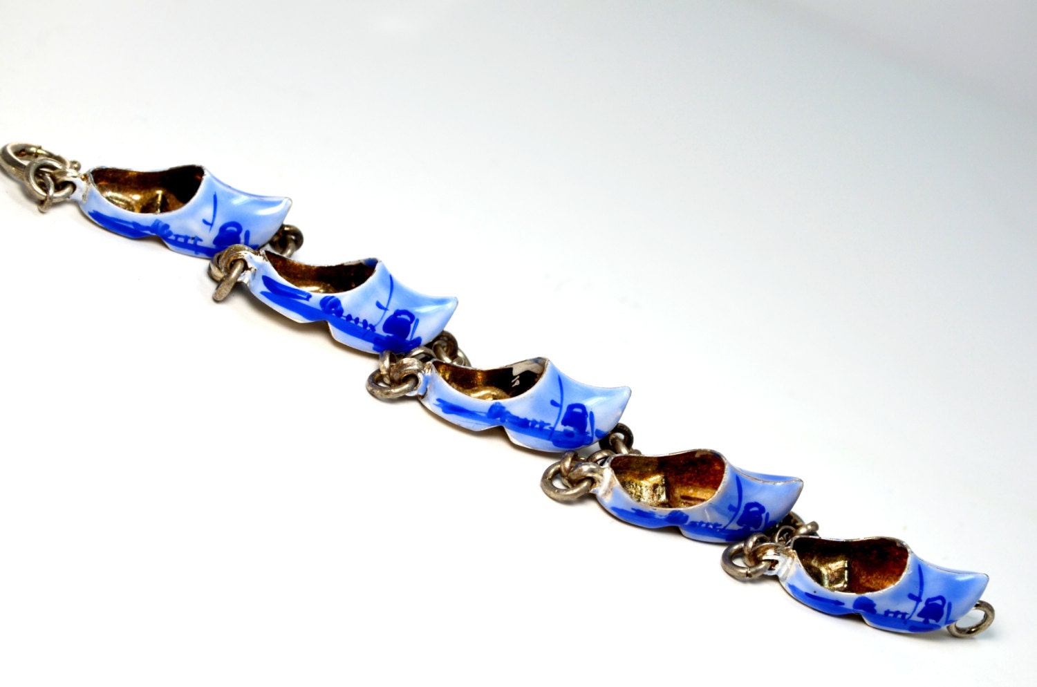 Vintage 835 Sterling Silver Enameled Dutch Delft Clog Shoe Bracelet