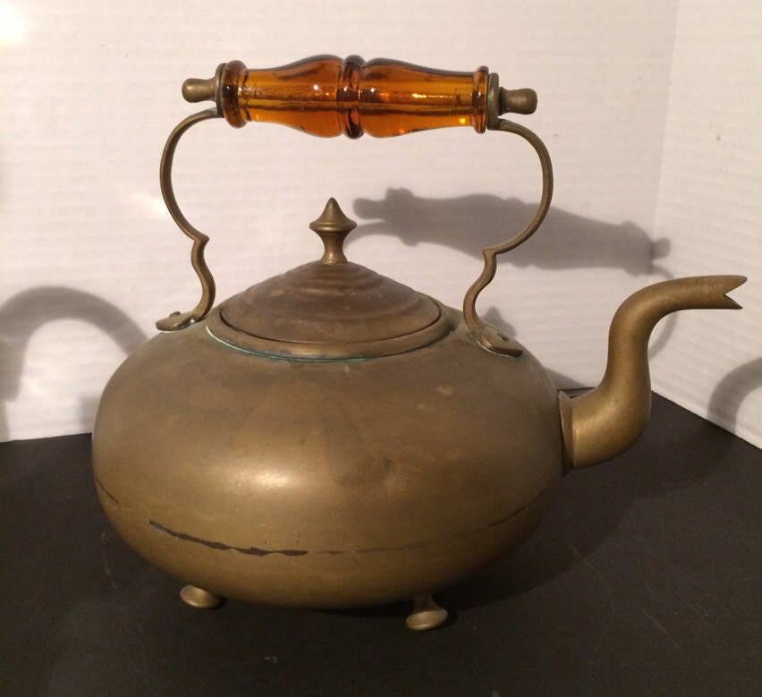 Antique Brass Teapot Glass Handle Victorian