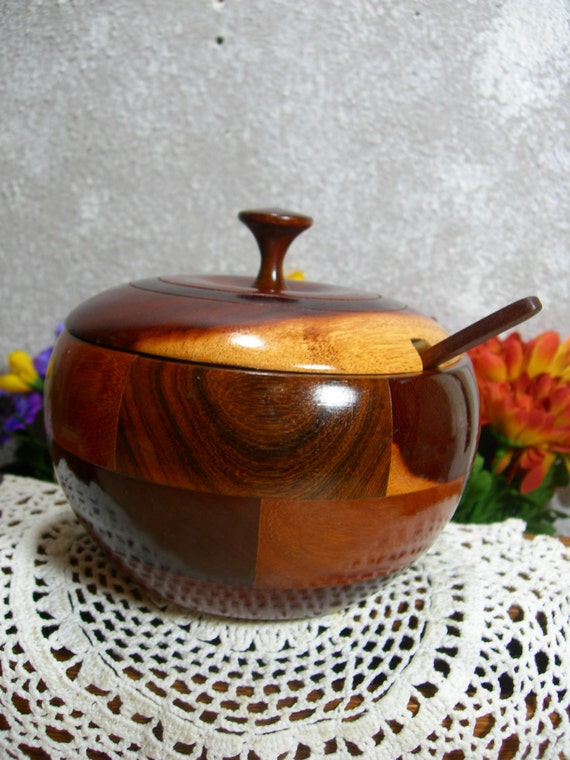 Hand Turned Wood Bowl with Lid and Spoon