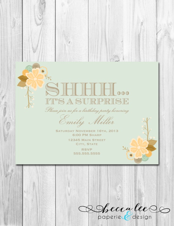 Surprise Party Invitation - Blue Cream and Brown Floral - DIY - Printable Il_570xn
