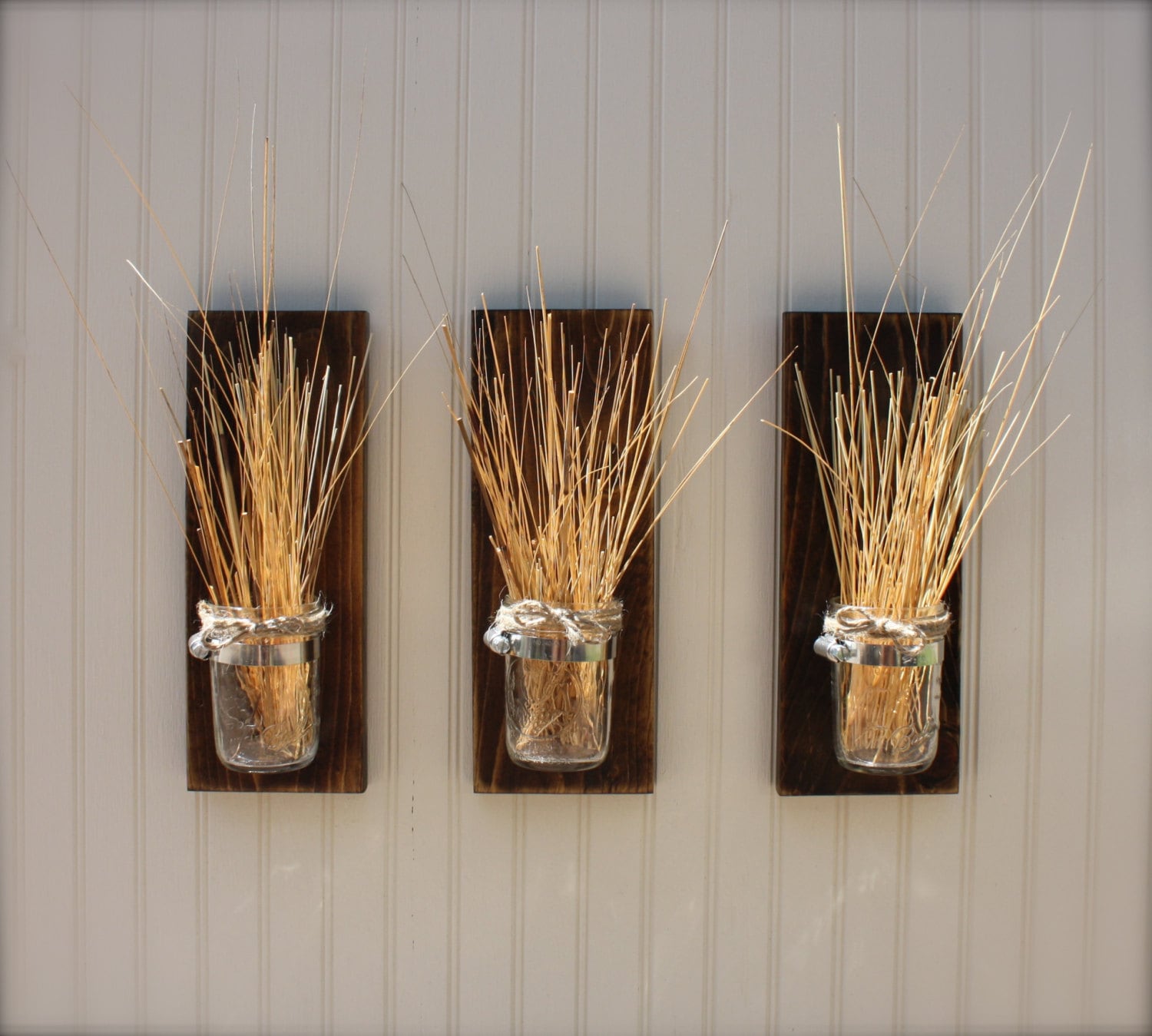 Set of Three Tall Mason Jar Wall Vase Distressed Rustic