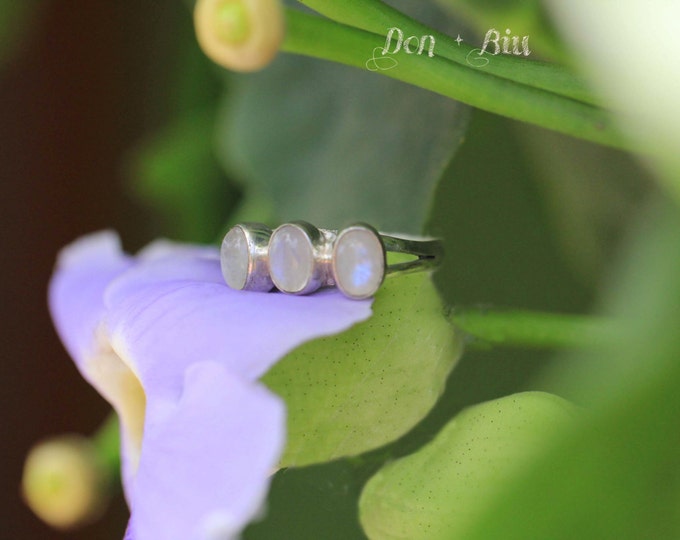 Triple, Moonstone Ring, Statement Personalized, Moonstone, Ring, Rainbow Moonstone, Gemstone, Gypsy, 925 Sterling Silver, Ring, Boho Chic