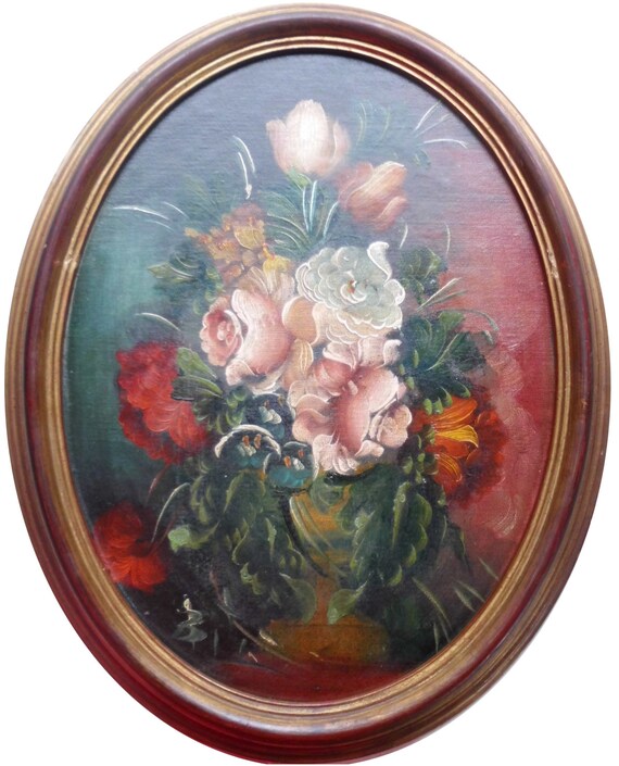 Stunning Old Framed Oval Oil Painting of Flowers by CelticVertu