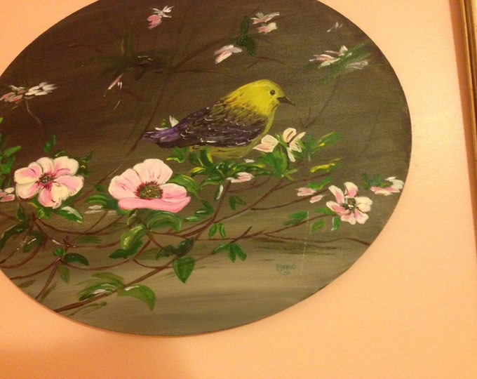 Yellow Finch amongst the Apple Blossoms - Acrylic Paint on Oval 20" Canvas