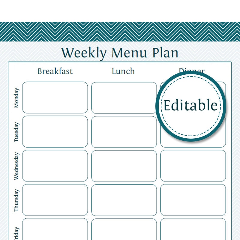 Weekly Menu Planner Fillable Printable PDF Instant