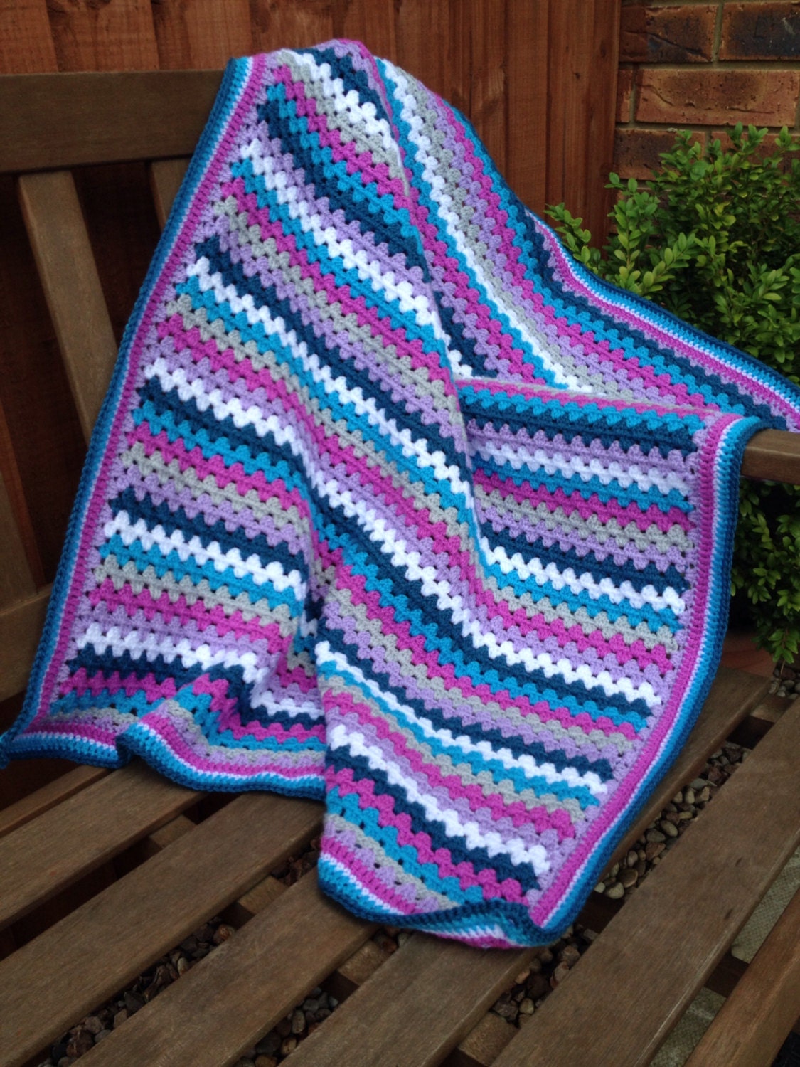 Crochet granny stripe blanket in purple and teal handmade