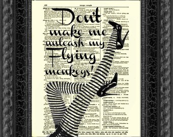 Don't Make Me Get My Flying Monkeys! Funny Wicked Witch Halloween Decor, Dictionary Art Page, Mixed Media Art, Wizard of Oz, Halloween Party