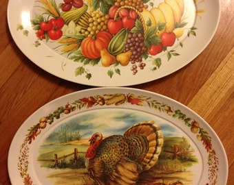 Two large oval melamine platters or trays with cornucopia, horn of ...