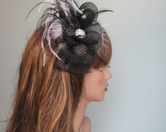 Black Bridal Headband  Wedding Mesh Headband  Wedding Accessory Pearls Feathers Bridal Accessory