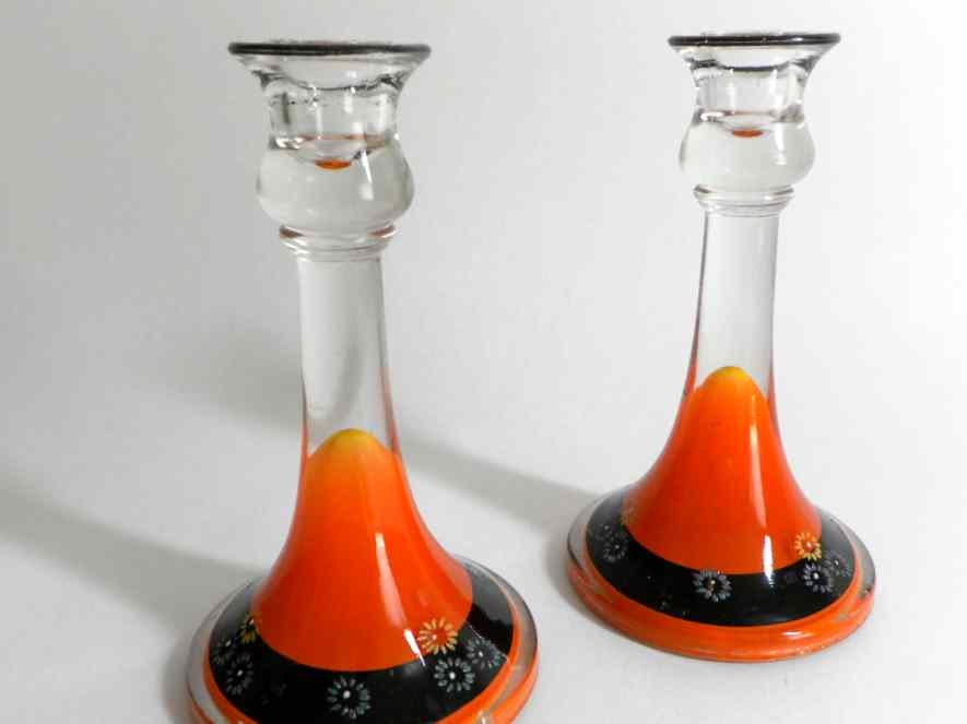 Vintage Glass Candle Holders Orange Black Painted with