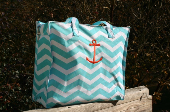 Personalized Tote Bag Aqua Chevron Anchor Beach Tote