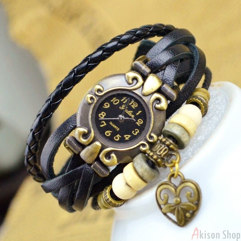 Women Vintage Leather Quartz Wrist Watch Heart Pendent Bracelet Watches 