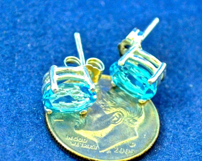 Swiss Blue Topaz Stud Earrings, 8x6mm Oval, Natural, Set in Sterling Silver E555