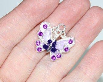 4 Rhinestone Enamel Purple Butterfly Charms, Shiny Silver Plated